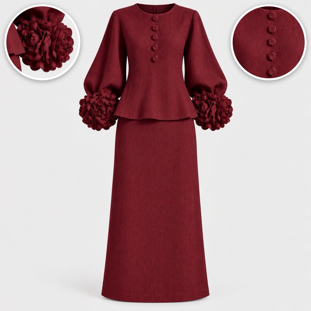 Rosemary Rose Sleeve Top and Pencil Skirt Set in Navy, with close-ups of the details