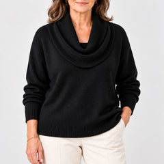 Close-up of the Ruth Soft Cowl Neck Knit Jumper in Black