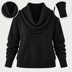 The Ruth Soft Cowl Neck Knit Jumper in Black, with close-ups of the details