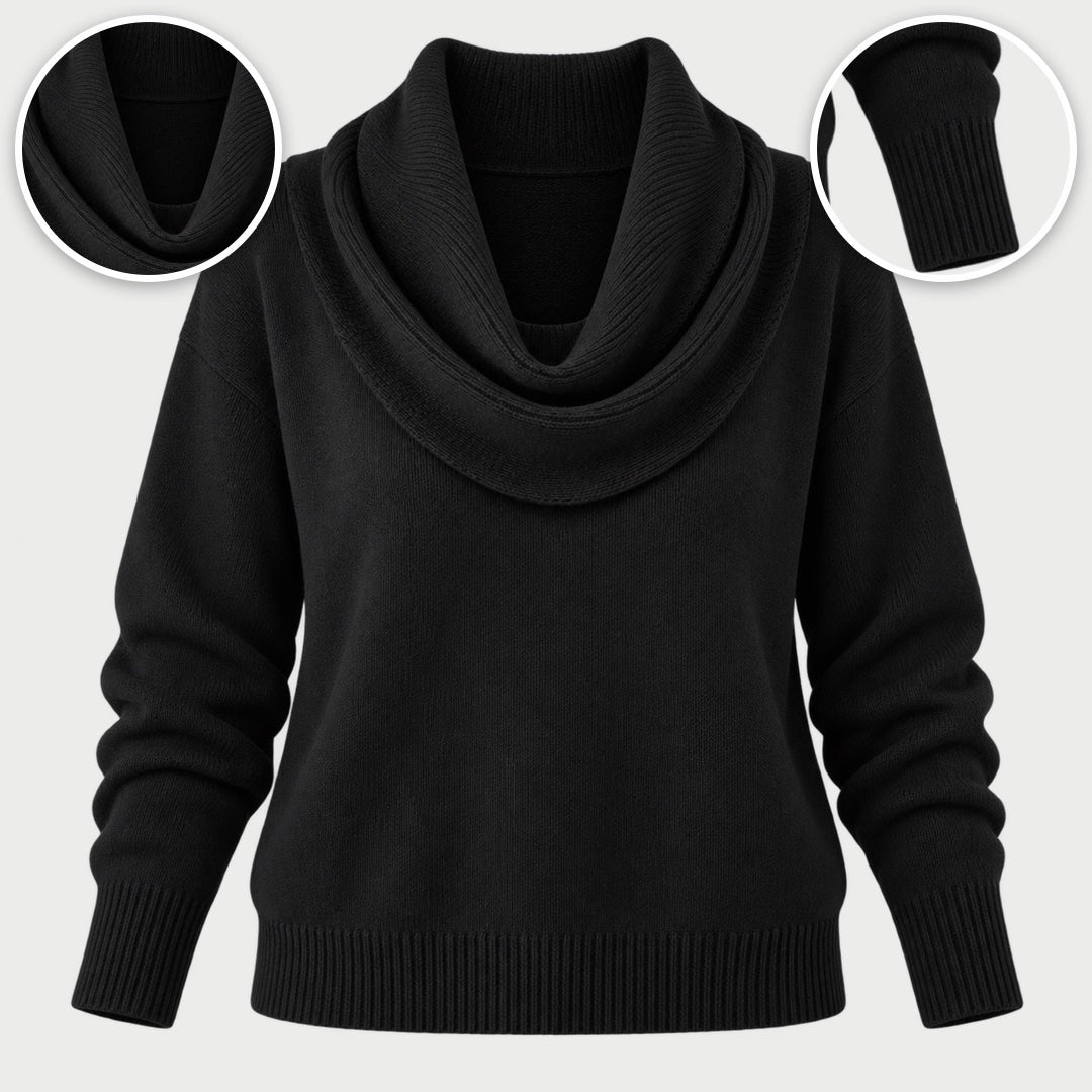 The Ruth Soft Cowl Neck Knit Jumper in Black, with close-ups of the details