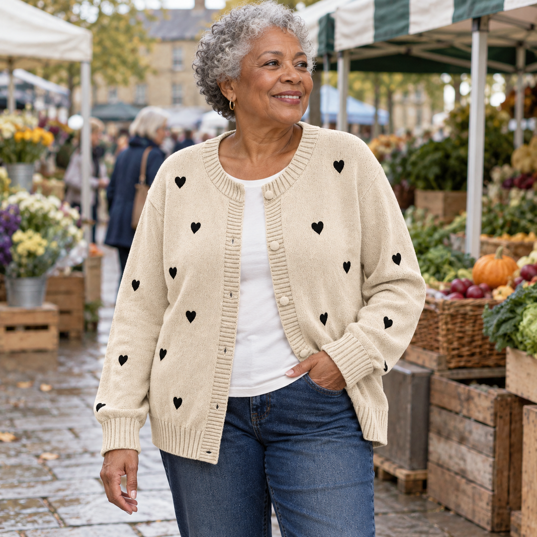 Sally Heart Pattern Knit Cardigan in Oatmeal, worn out and about