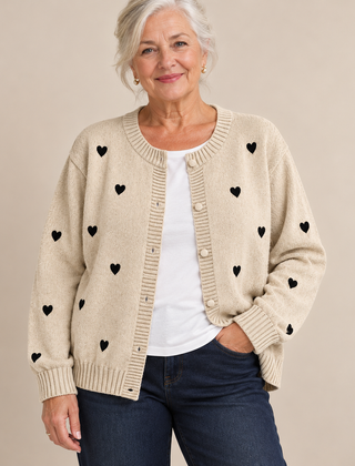 Sally Heart Pattern Knit Cardigan in Oatmeal