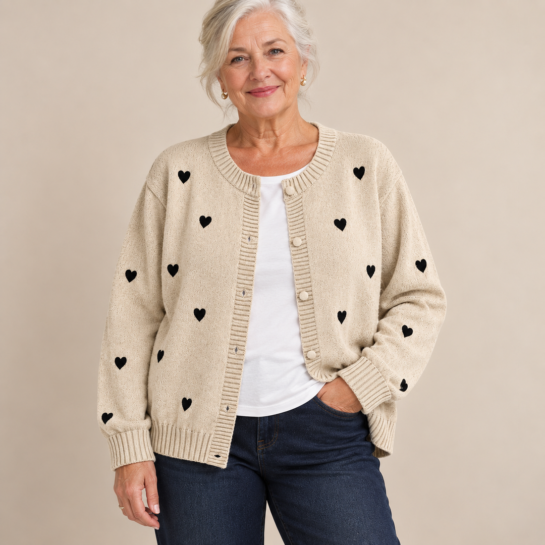 Sally Heart Pattern Knit Cardigan in Oatmeal