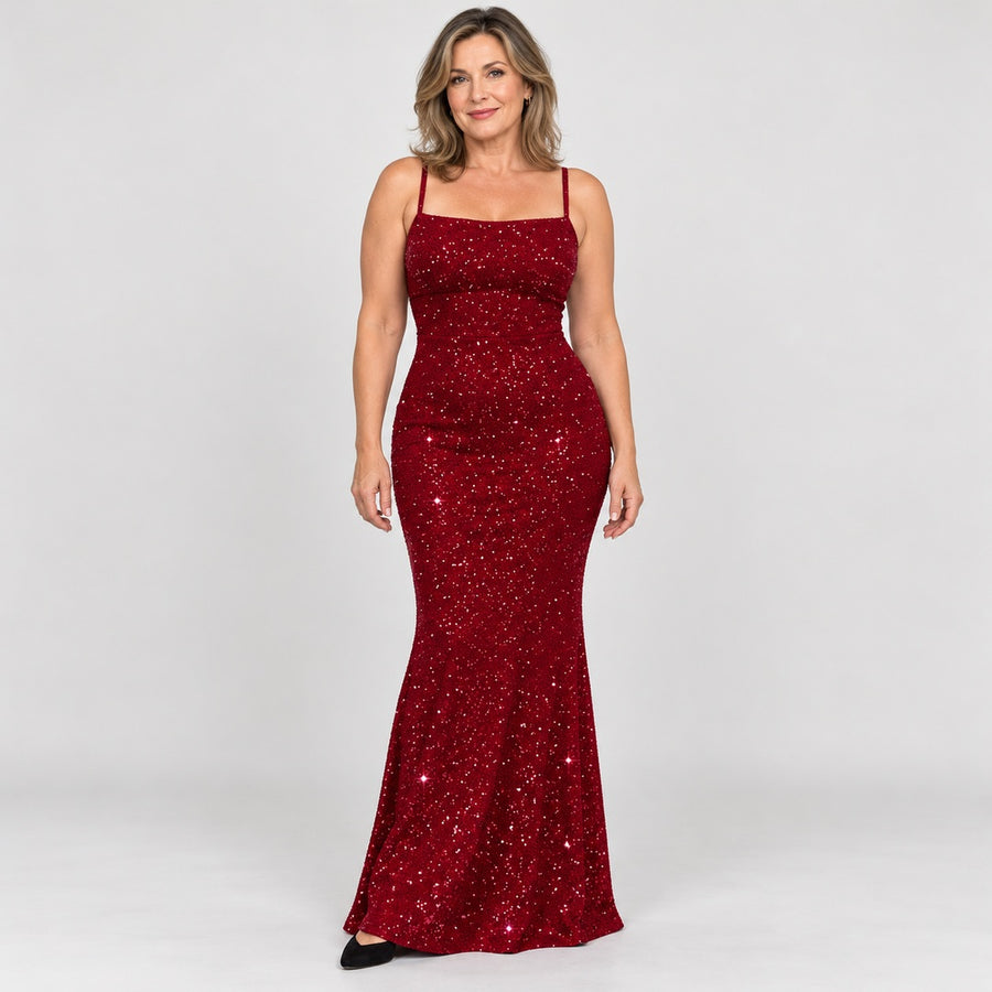 The Samantha Sequin Fishtail Maxi Evening Dress in the studio