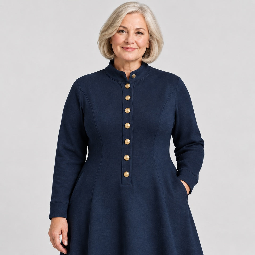 Close-up of the Sandie Stand Collar Button Maxi Dress in Navy