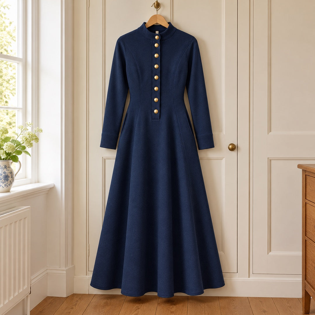 The Sandie Stand Collar Button Maxi Dress in Navy on a hanger