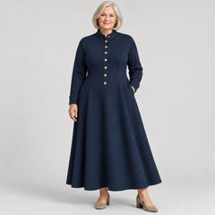 The Sandie Stand Collar Button Maxi Dress in Navy