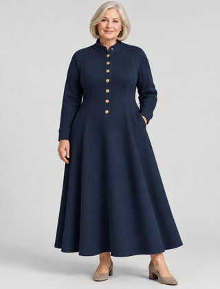 The Sandie Stand Collar Button Maxi Dress in Navy