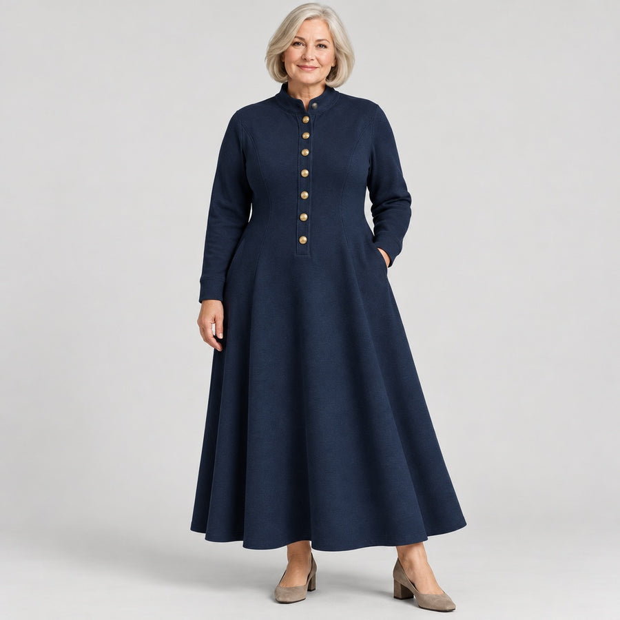 The Sandie Stand Collar Button Maxi Dress in Navy