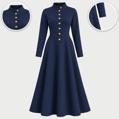 The Sandie Stand Collar Button Maxi Dress in Navy, with close-ups of the details
