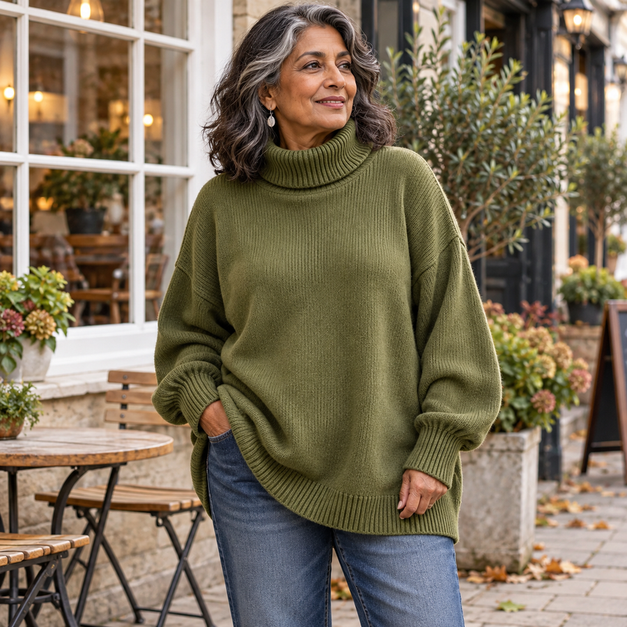 Sharon Oversized Roll Neck Ribbed Jumper in Green - worn in town