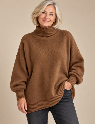 Sharon Oversized Roll Neck Ribbed Jumper in Brown - studio