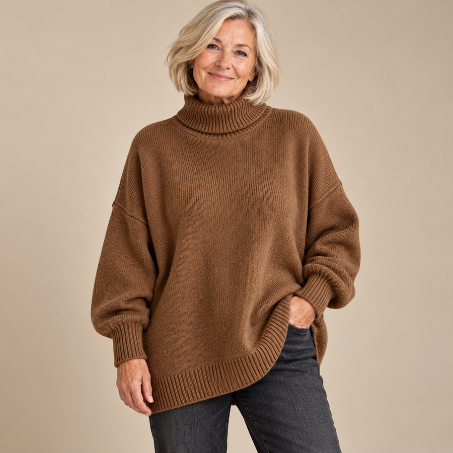 Sharon Oversized Roll Neck Ribbed Jumper in Brown - studio
