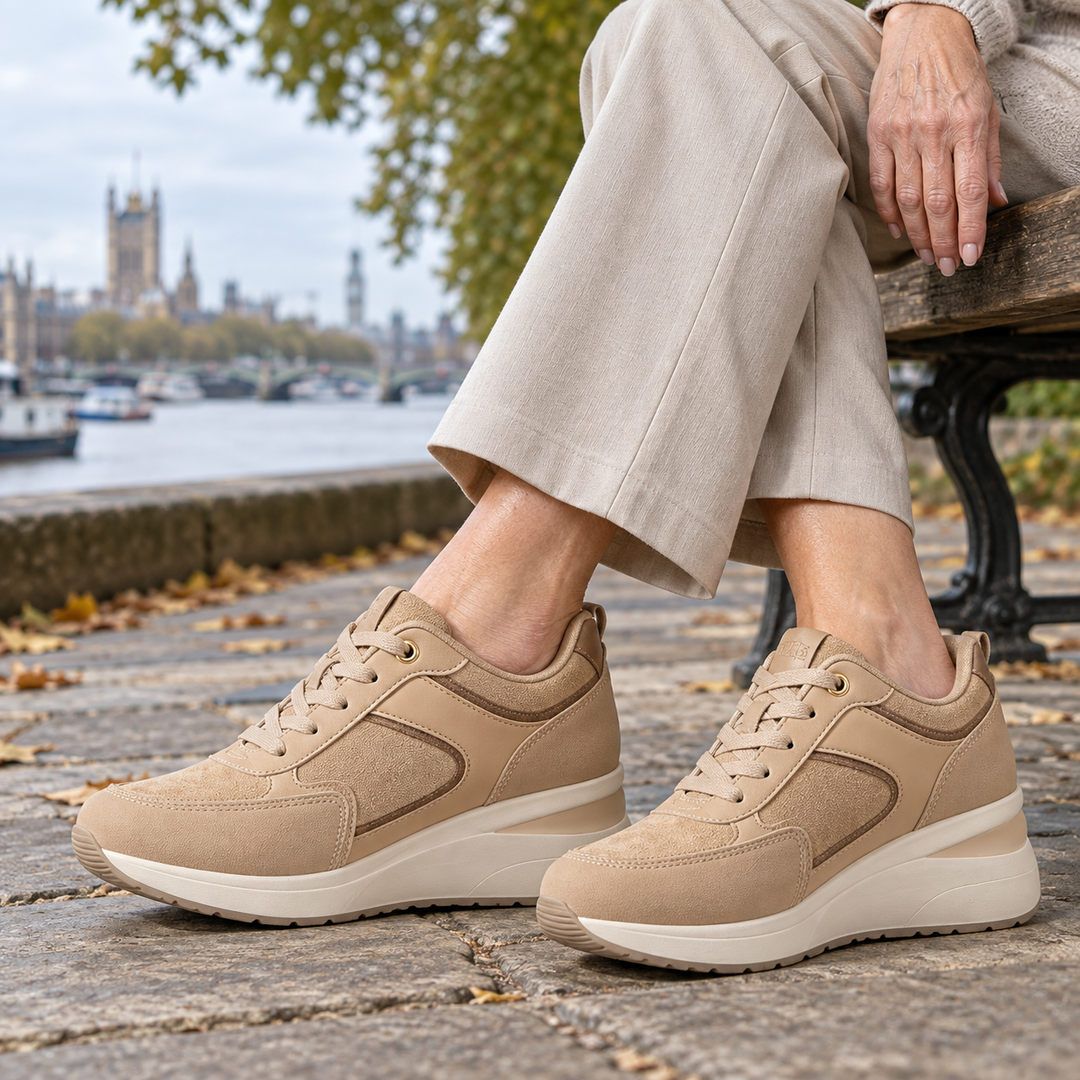 Sheena Chunky Wedge Comfort Trainers in Khaki, worn out and about