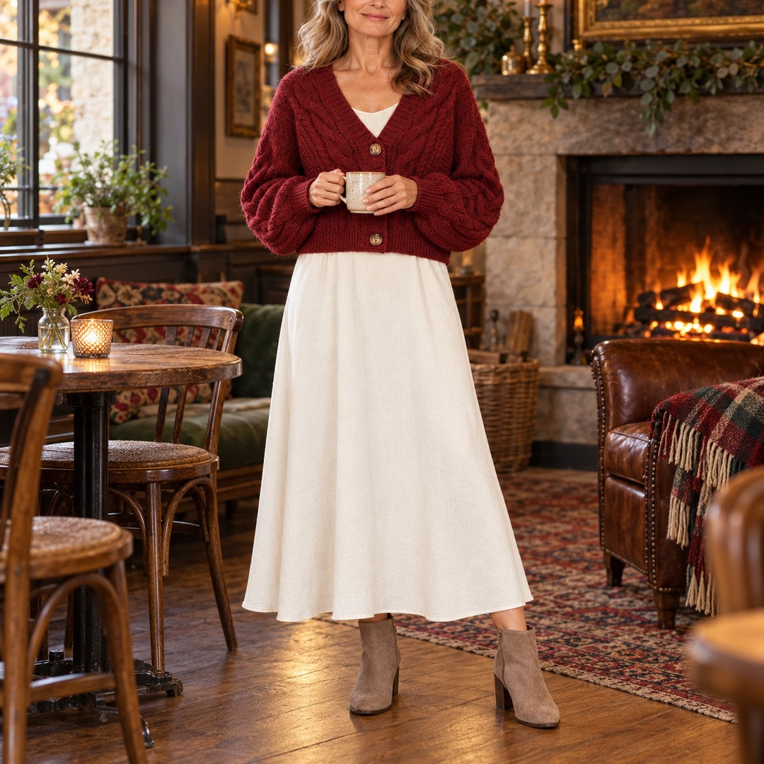 The Sheila Cropped Cable Knit Cardigan worn out and about