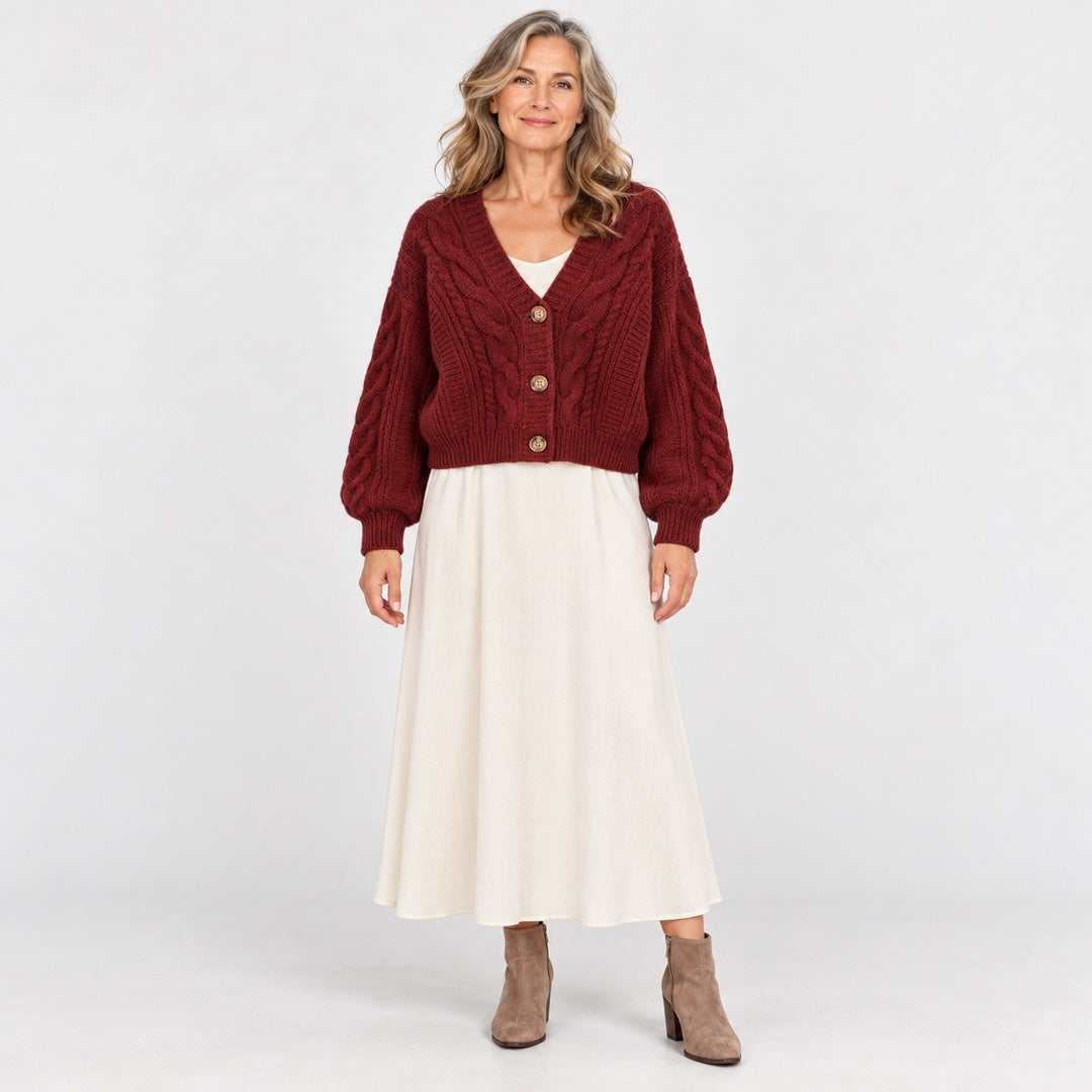 The Sheila Cropped Cable Knit Cardigan in the studio
