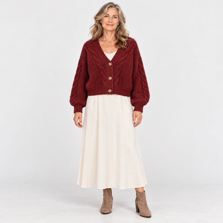The Sheila Cropped Cable Knit Cardigan in the studio