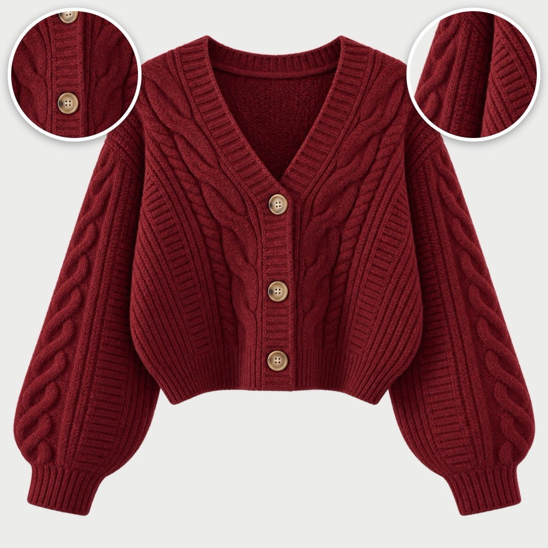 The Sheila Cropped Cable Knit Cardigan with close-ups of the details
