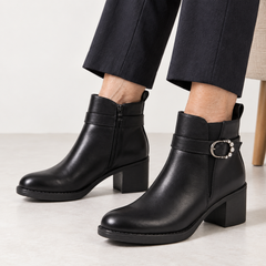 Shirley Buckle Strap Heeled Ankle Boots in Black