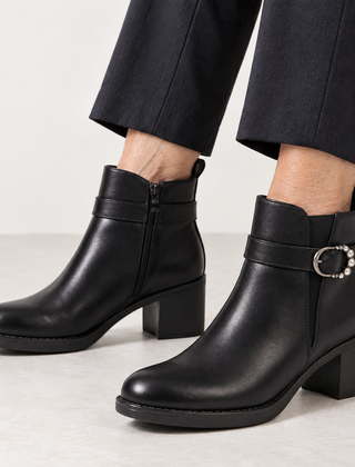 Shirley Buckle Strap Heeled Ankle Boots in Black