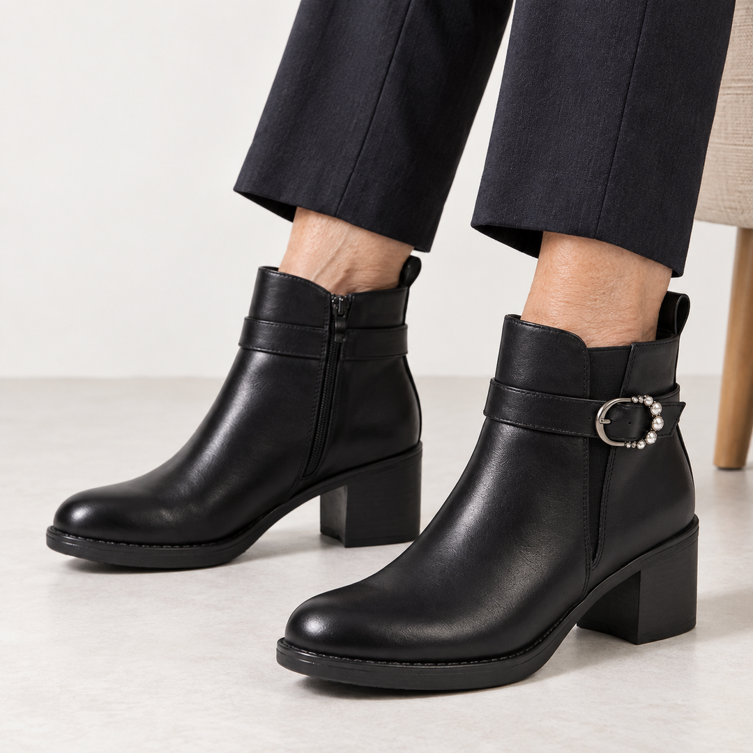 Shirley Buckle Strap Heeled Ankle Boots in Black