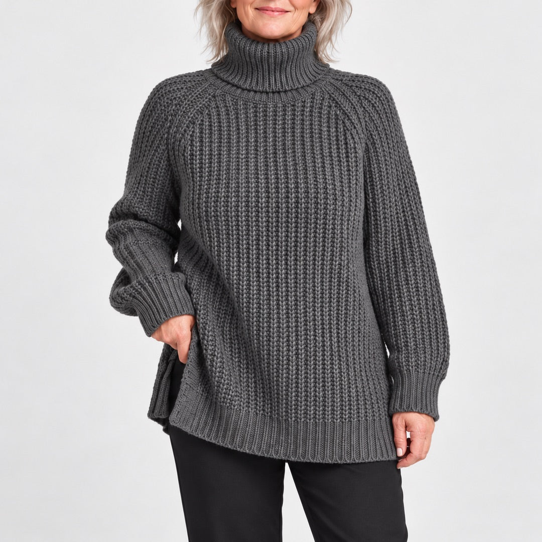 Close-up of the Shona Chunky Roll Neck Longline Jumper in Grey