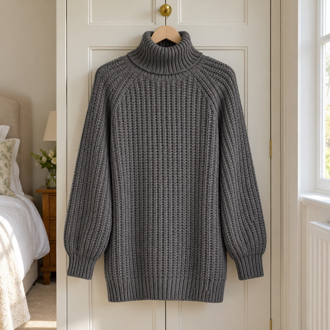 The Shona Chunky Roll Neck Longline Jumper in Grey on a hanger