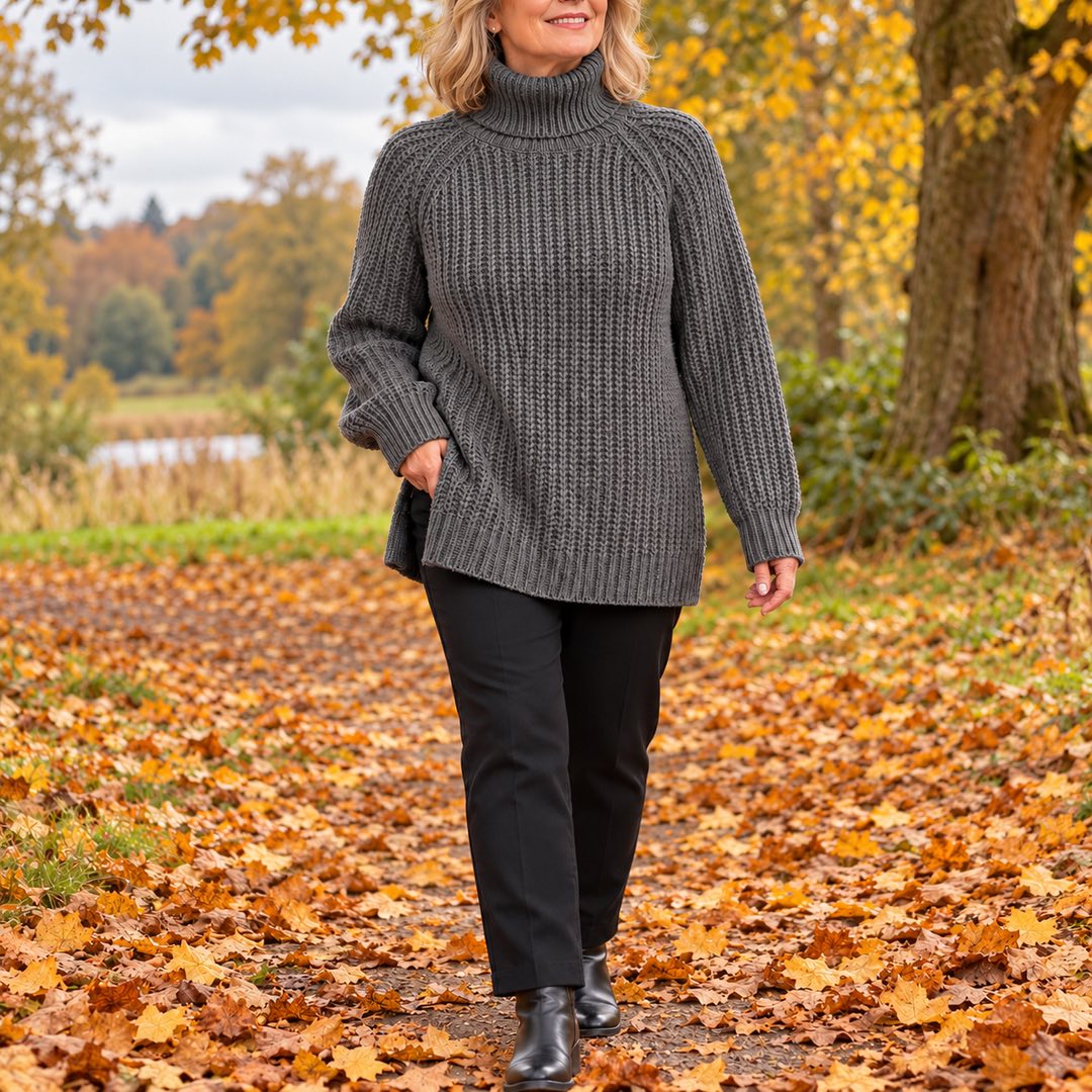 A woman wearing the Shona Chunky Roll Neck Longline Jumper in Grey