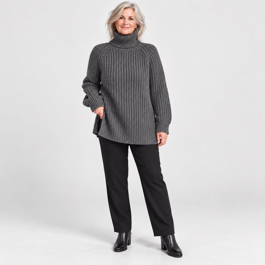 The Shona Chunky Roll Neck Longline Jumper in Grey