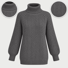 The Shona Chunky Roll Neck Longline Jumper in Grey, with close-ups of the details