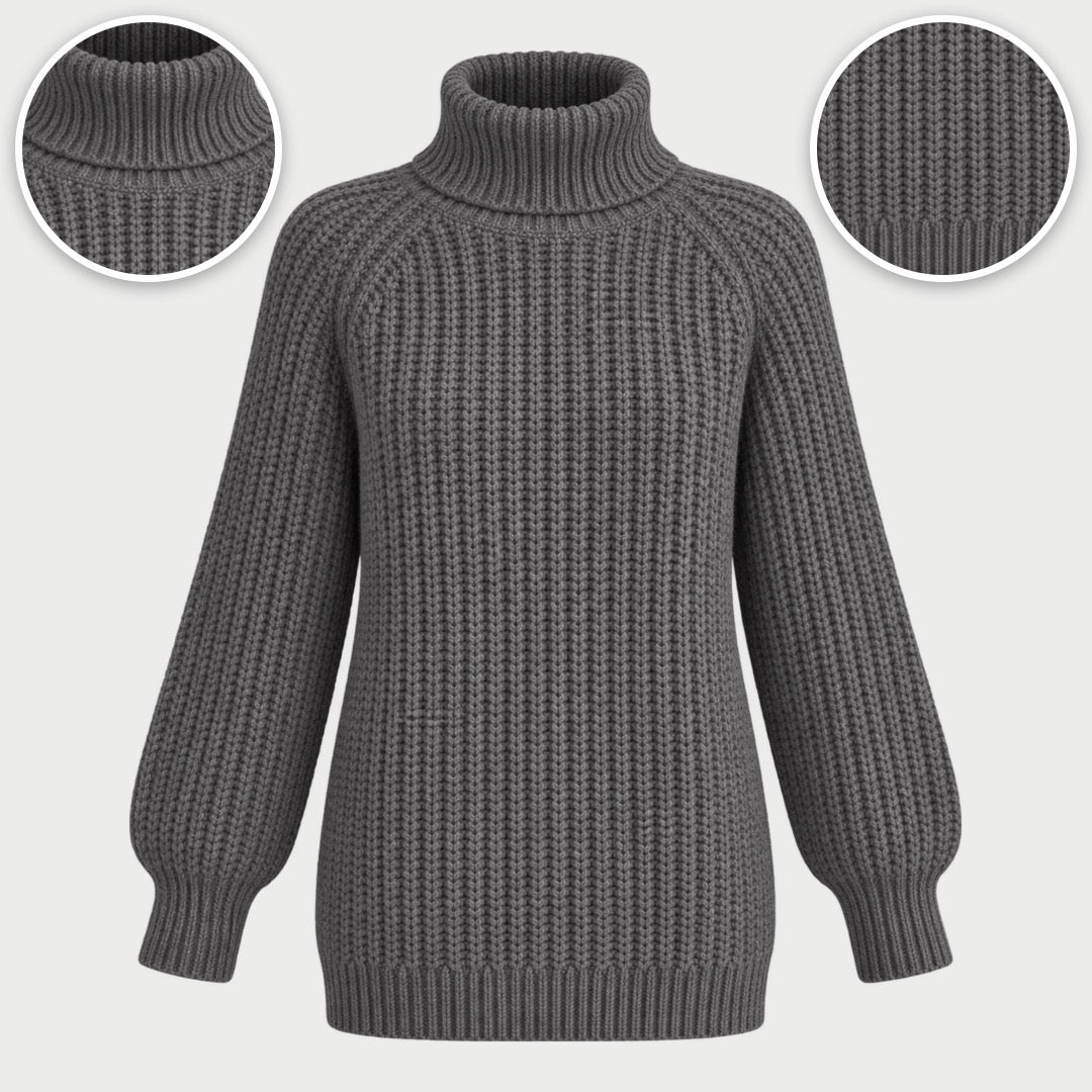 The Shona Chunky Roll Neck Longline Jumper in Grey, with close-ups of the details