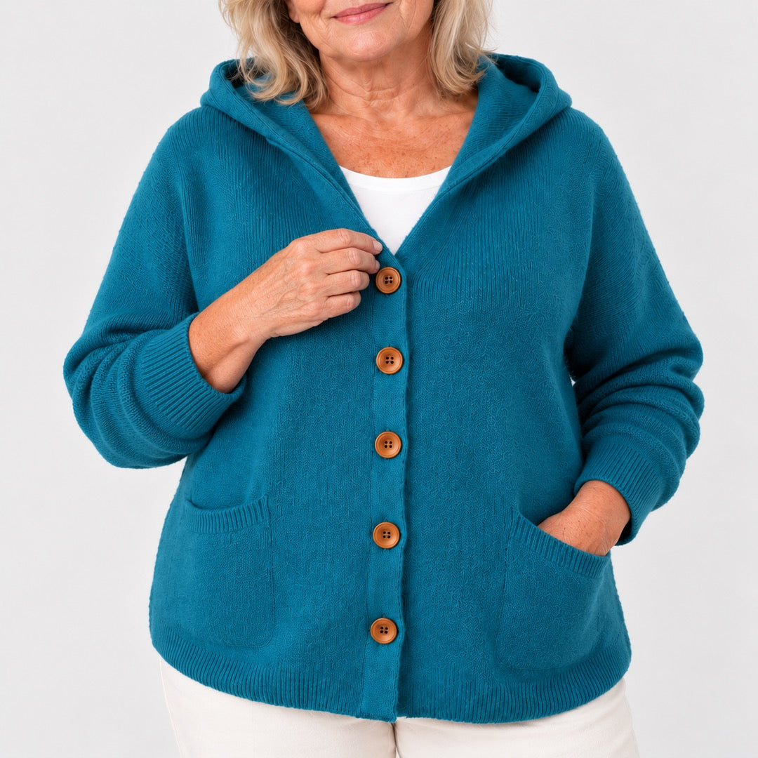 Sonia Hooded Button Cardigan in Teal, a closer look at the fit