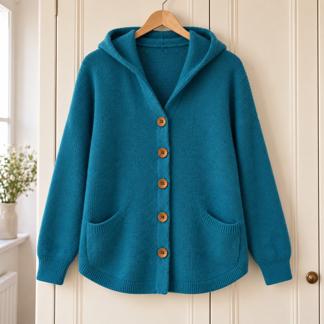Sonia Hooded Button Cardigan in Teal on a hanger