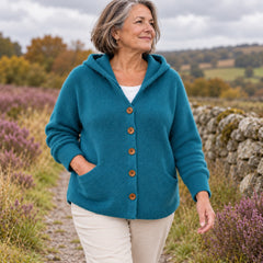 Sonia Hooded Button Cardigan in Teal, worn out and about