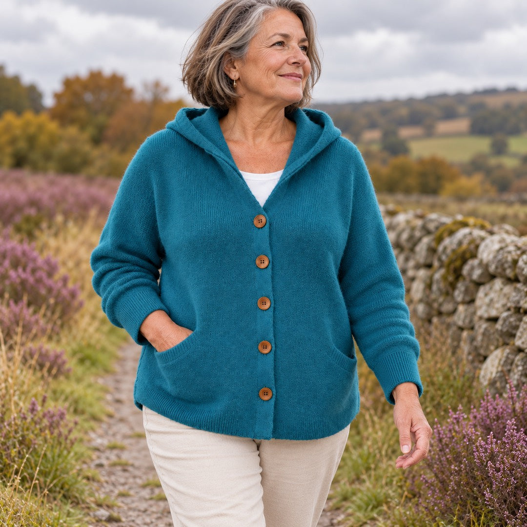 Sonia Hooded Button Cardigan in Teal, worn out and about