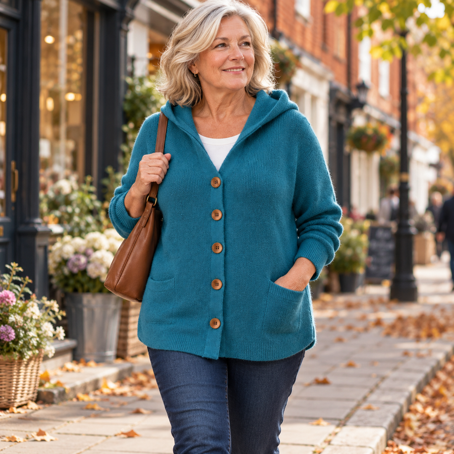 Sonia Hooded Button Cardigan in Teal, worn out and about