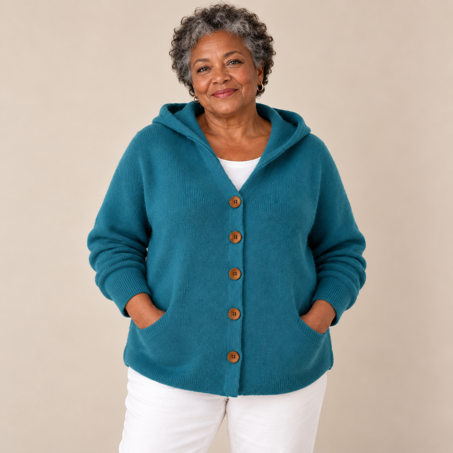 Sonia Hooded Button Cardigan in Teal