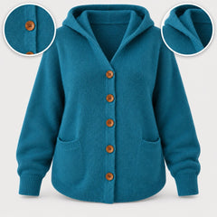 Sonia Hooded Button Cardigan in Teal, with close-ups of the details