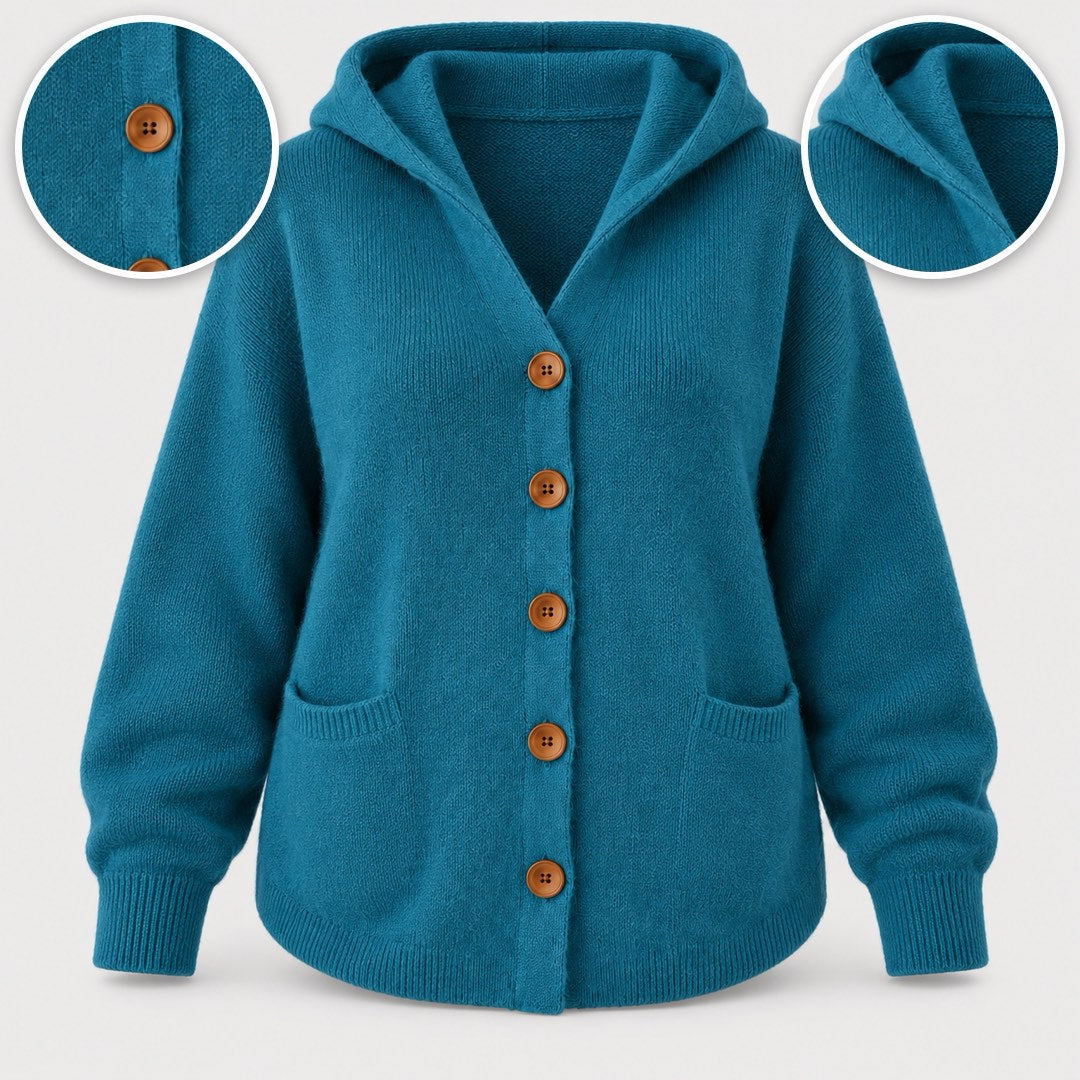 Sonia Hooded Button Cardigan in Teal, with close-ups of the details