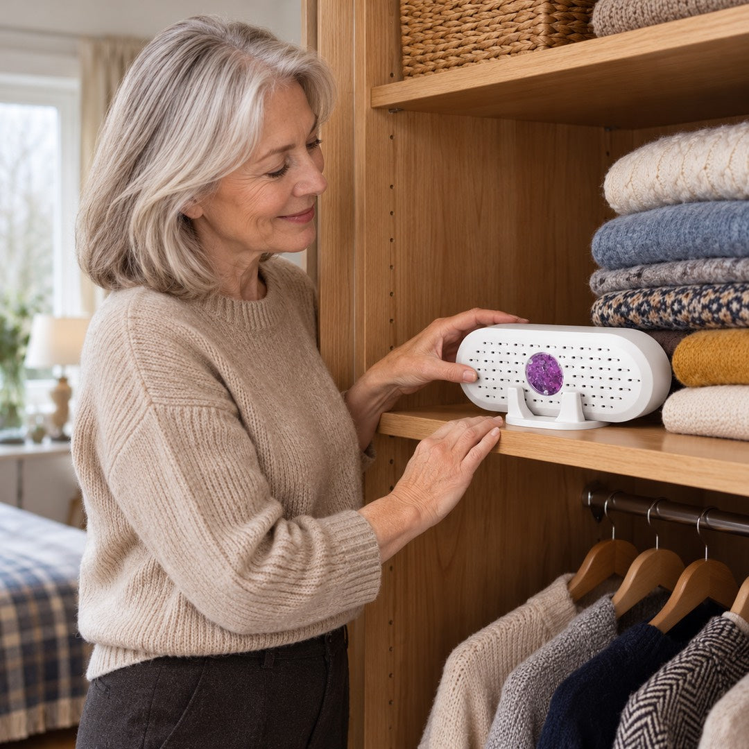 The Stacey Reusable Mini Dehumidifier for Wardrobes in use at home