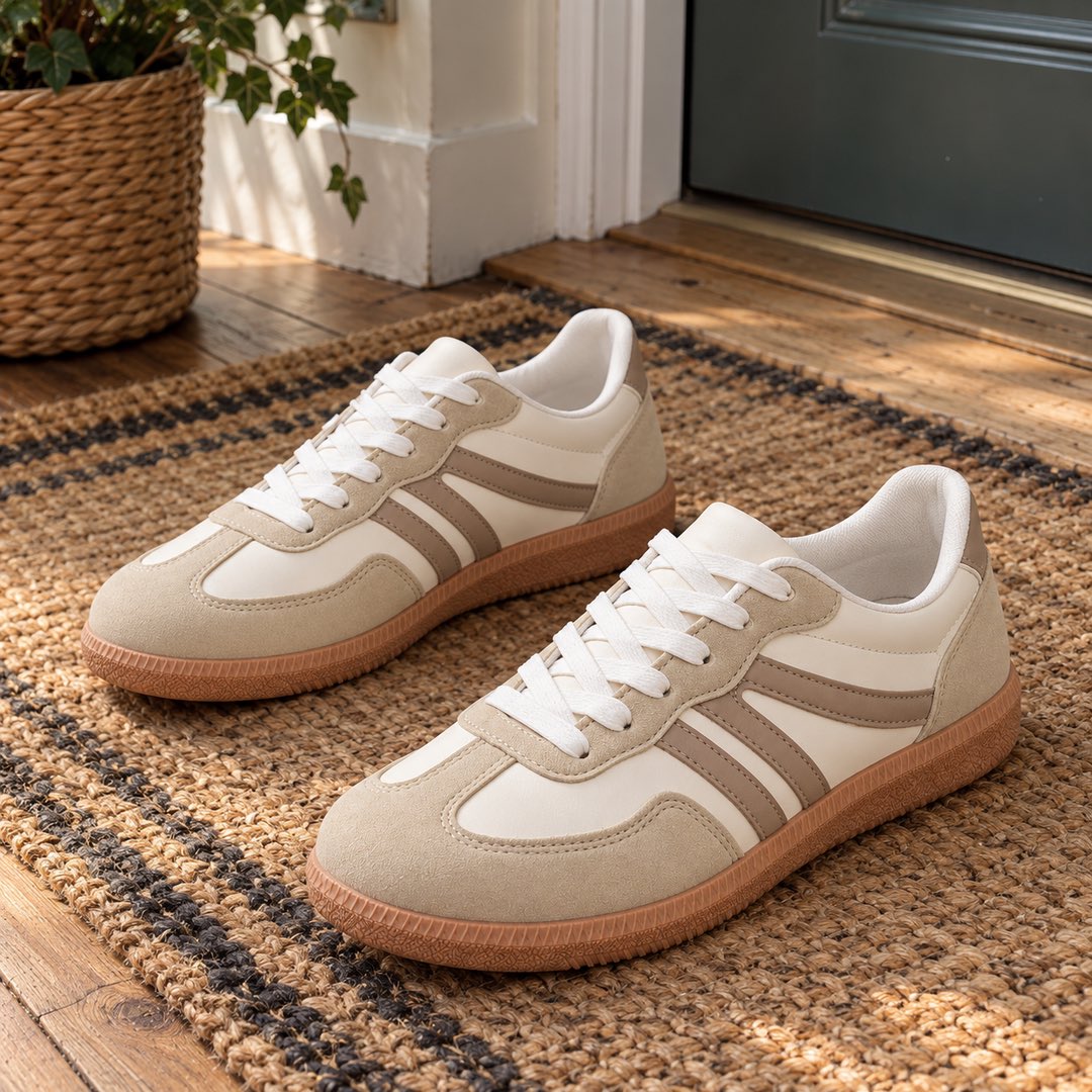 Sue Retro Stripe Suede-Look Trainers in Cream on a hanger