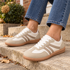 Sue Retro Stripe Suede-Look Trainers in Cream, worn out and about