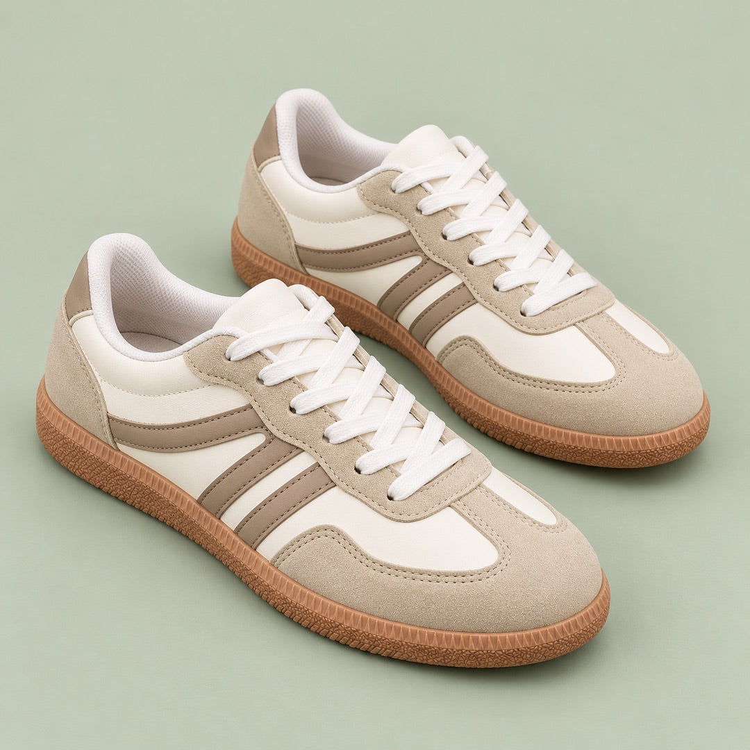 Sue Retro Stripe Suede-Look Trainers in Cream, the whole piece laid flat
