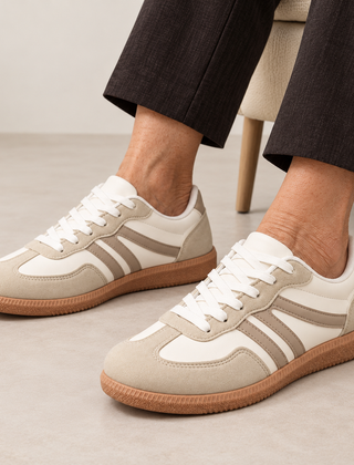 Sue Retro Stripe Suede-Look Trainers in Cream
