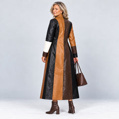 Back view of the Sylvia Patchwork Leather-Look Long Coat in Brown Patchwork