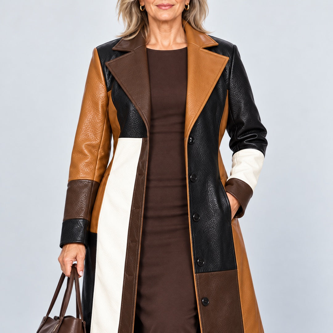 Close-up of the Sylvia Patchwork Leather-Look Long Coat in Brown Patchwork