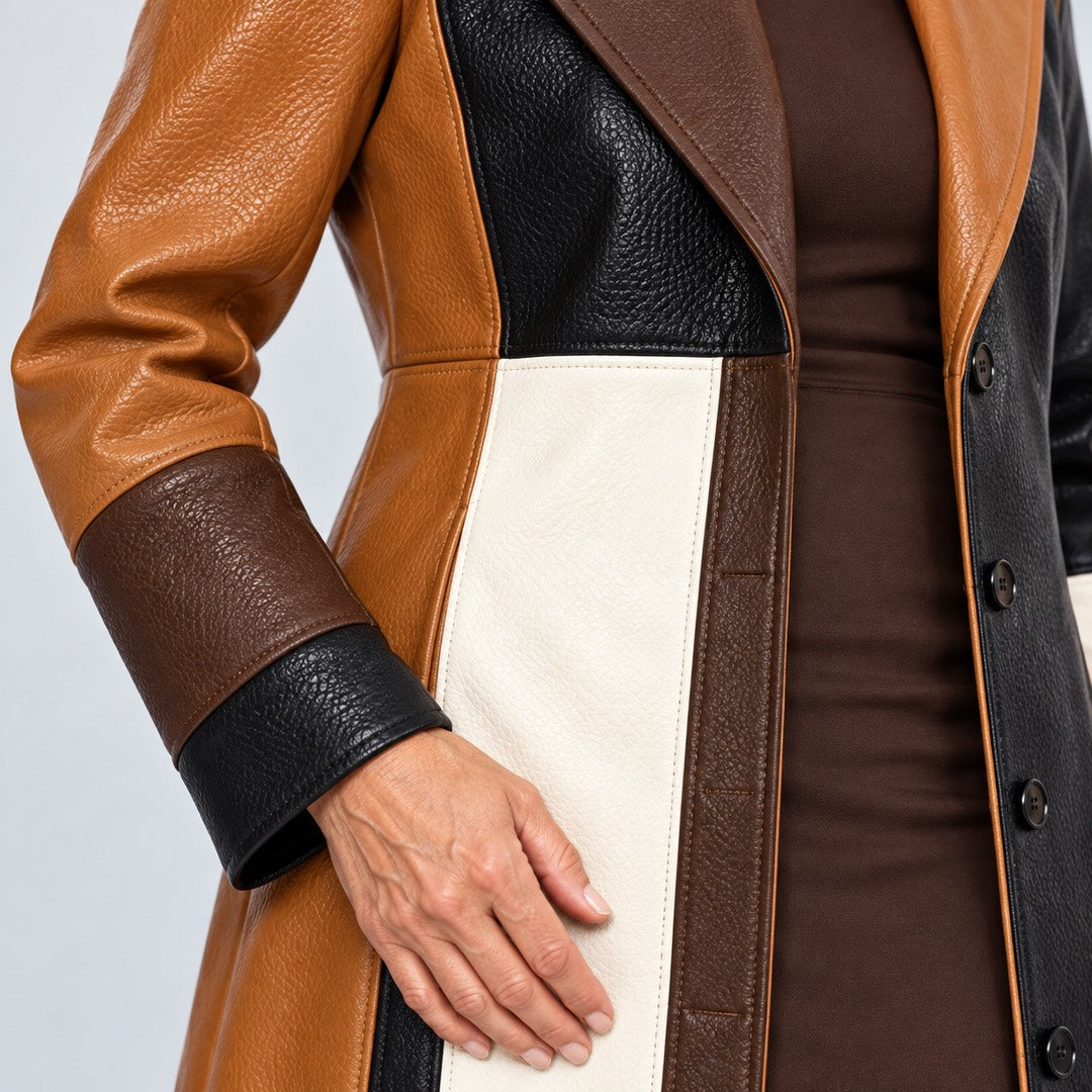Detail of the Sylvia Patchwork Leather-Look Long Coat in Brown Patchwork