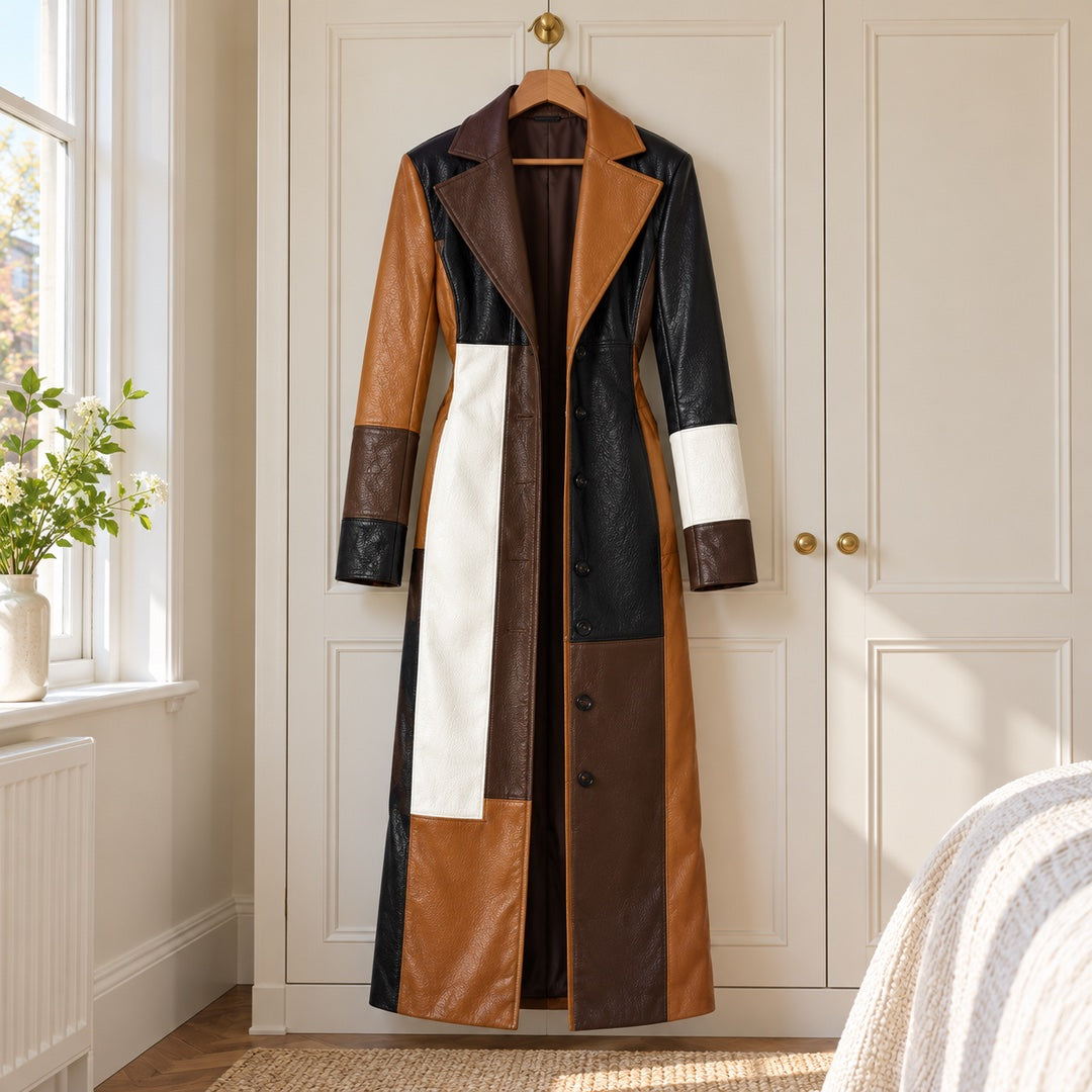 The Sylvia Patchwork Leather-Look Long Coat in Brown Patchwork on a hanger
