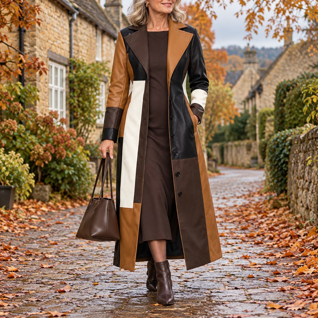 A woman wearing the Sylvia Patchwork Leather-Look Long Coat in Brown Patchwork