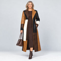 The Sylvia Patchwork Leather-Look Long Coat in Brown Patchwork